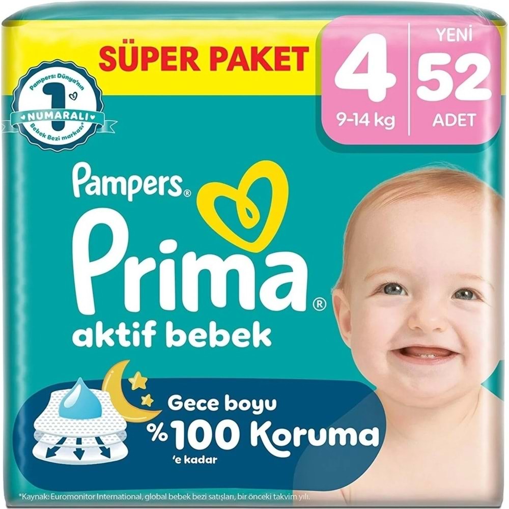 Prima Aktif Bebek Bebek Bezi 4 Beden 9-14 KG Maxi 52 Adet Süper Pk