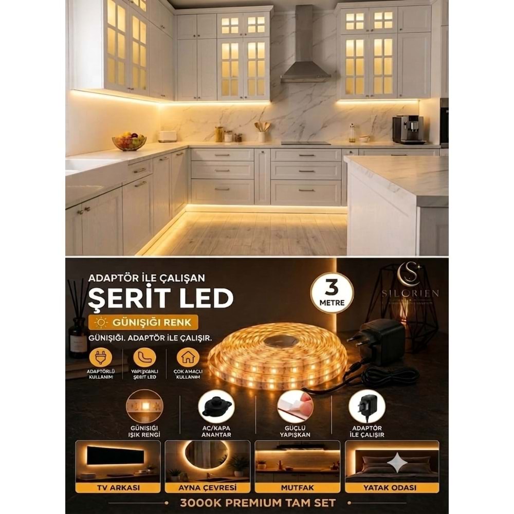 Silorien 3 Metre Günışığı Şerit LED Mutfak Dolabı Tezgah Üstü Adaptörlü Aç Kapa Düğmeli Tak Çalıştır
