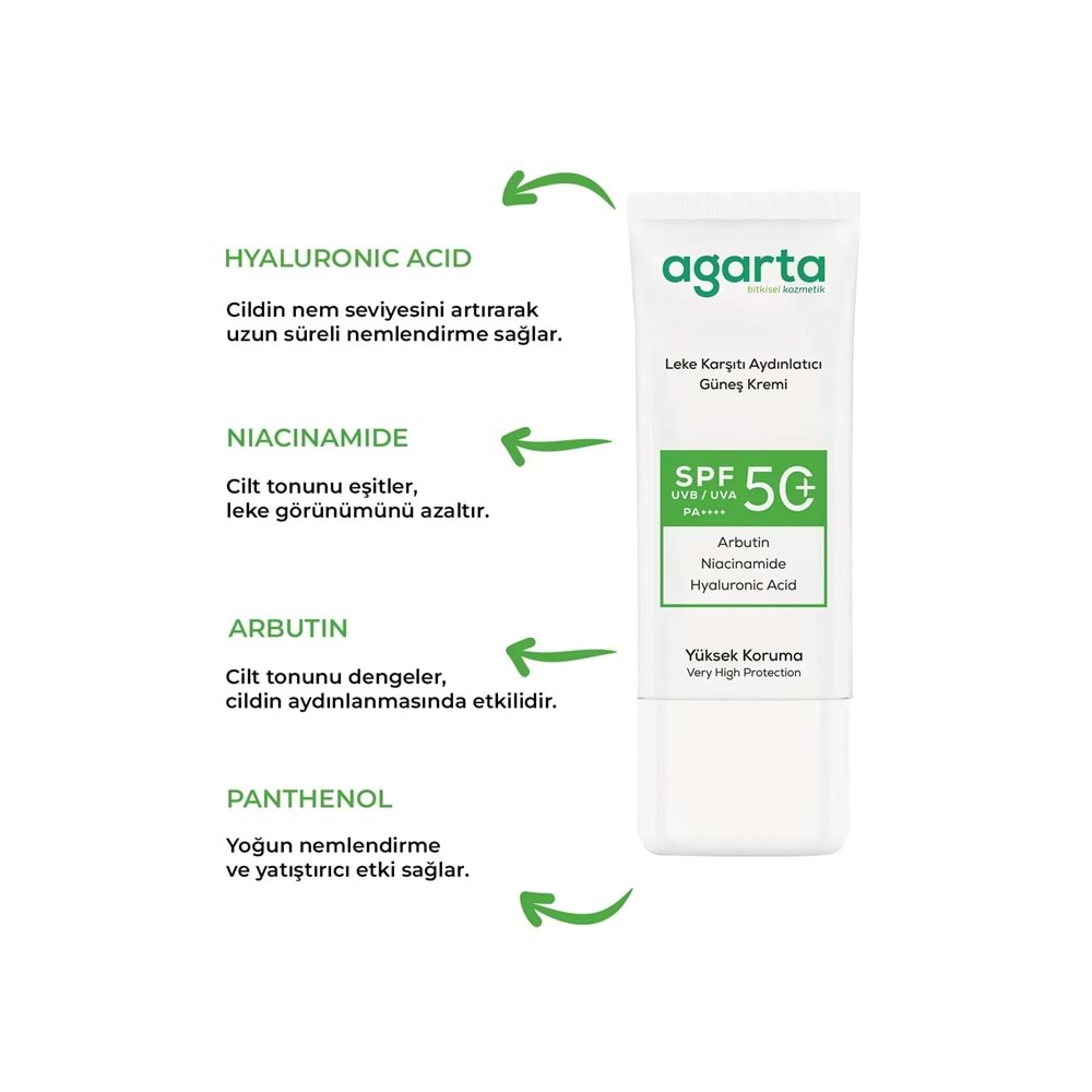 Agarta Leke Karşıtı Aydınlatıcı Spf+50 Faktör Yüz Güneş Kremi 50 ML