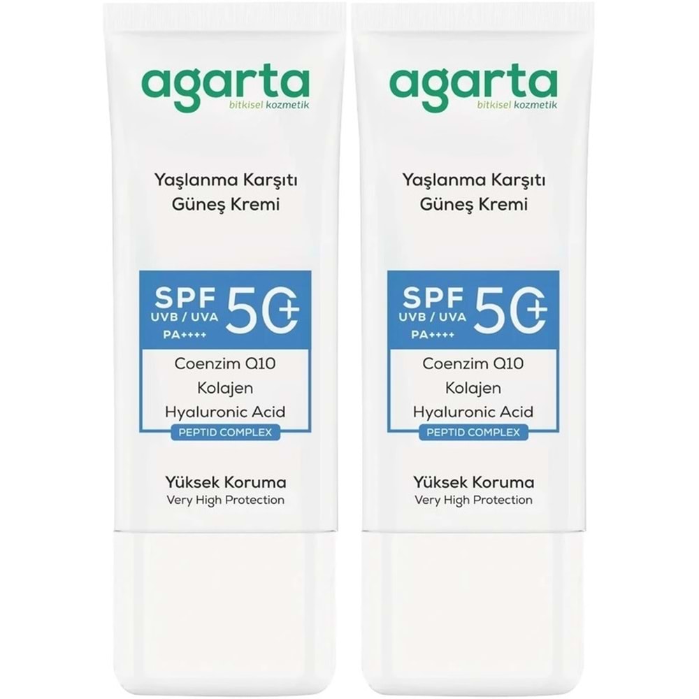 Agarta Yaşlanma Karşıtı Collagen Destekli Spf+50 Faktör Yüz Güneş Kremi 50 ML (2 Li Set)