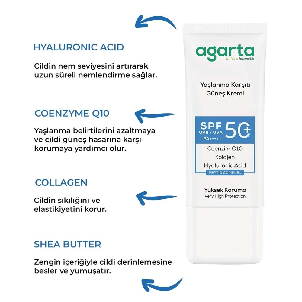 Agarta Yaşlanma Karşıtı Collagen Destekli Spf+50 Faktör Yüz Güneş Kremi 50 ML (2 Li Set)