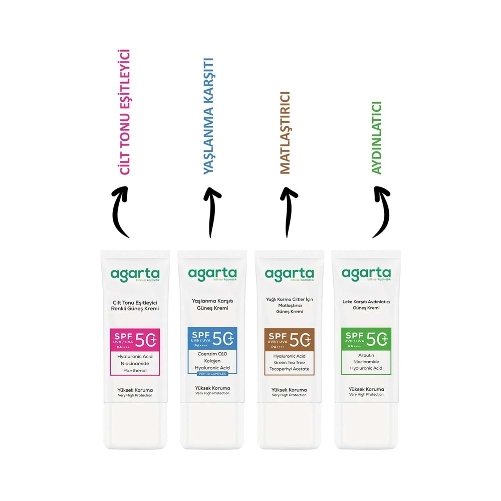 Agarta Yaşlanma Karşıtı Collagen Destekli Spf+50 Faktör Yüz Güneş Kremi 50 ML (4 Lü Set)