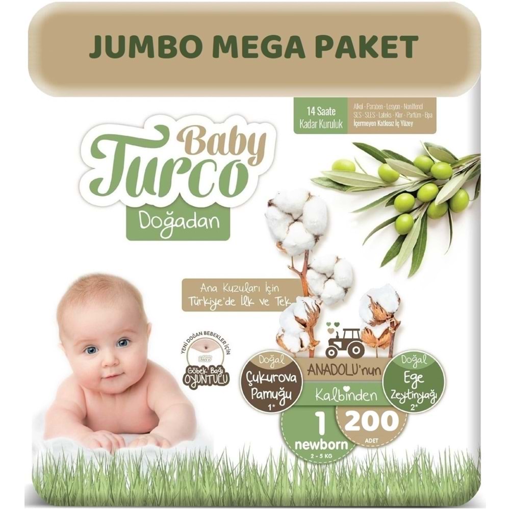 Baby Turco Bebek Bezi Doğadan Beden:1 (2-5Kg) Yeni Doğan 200 Adet Jumbo Mega Pk