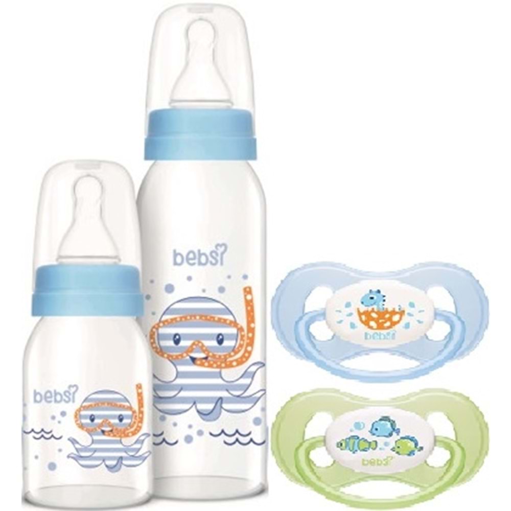 Bebsi Cam Biberon Seti Mavi (250ML+125ML)+Emzik Ortodontik Damaklı Kelebek No:1 (2 Li PK) 4 Lü Set