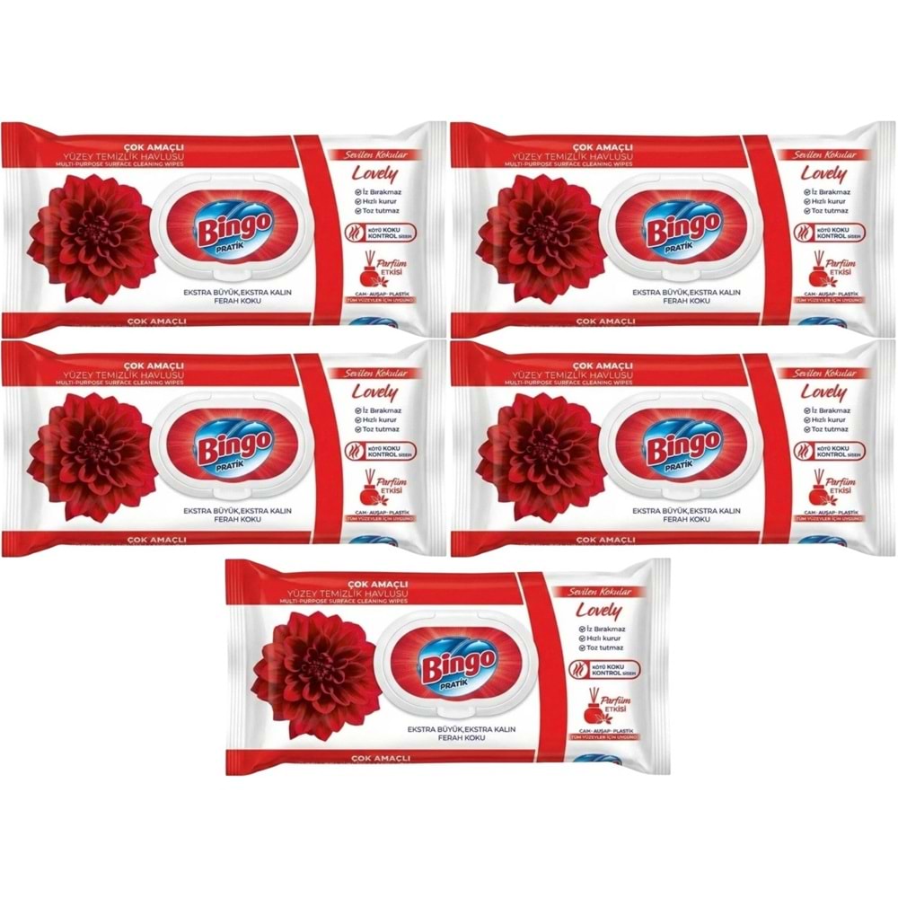 Bingo Clean Yüzey Temizlik Havlusu 96 Yaprak Sevilen Kokular Lovely - Gül (5 Li Set) 480 Yaprak