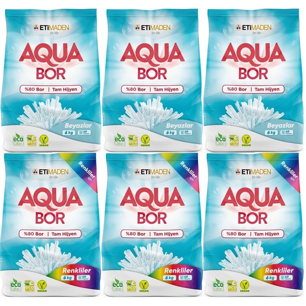 AquaBor Matik Toz Çamaşır Deterjanı 36KG Beyazlar+Renkliler 240 Yıkama (6PK*6KG)