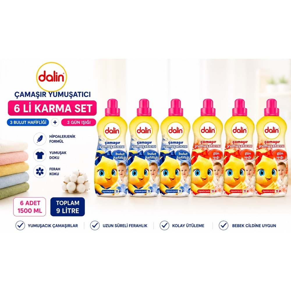 Dalin Çamaşır Yumuşatıcı 1500 ML 6 Lı Karma Set – Bulut Hafifliği + Gün Işığı 9 Litre Hipoalerjenik