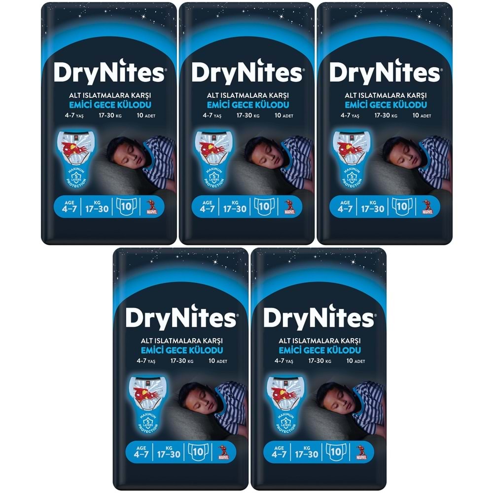 Drynites Emici Gece Külodu/Külot Bez Erkek 4-7 Yaş 17-30KG Small 50Adet 5PK*10 Alt Islatmalara Karşı