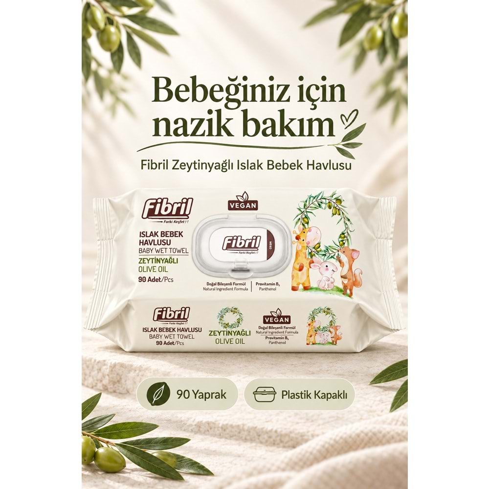 Fibril Islak Havlu Bebek Mendil 90 Yaprak Zeytinyağlı Plastik Kapaklı (3 Lü Set) 270 Yaprak