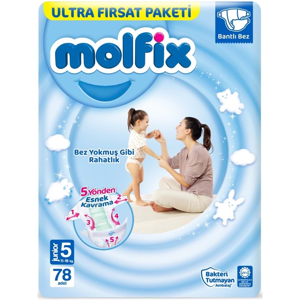 Molfix Bebek Bezi 5 Beden 11-18 KG Junior 156 Adet Ekonomik Ultra Fırsat Pk+6 Adet Islak Mendil