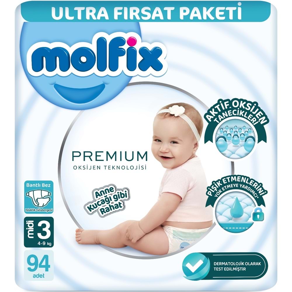 Molfix Premium Bebek Bezi 3 Beden 4-9 KG Midi 188 Adet Ultra Fırsat Pk + 3 Adet Islak Mendil