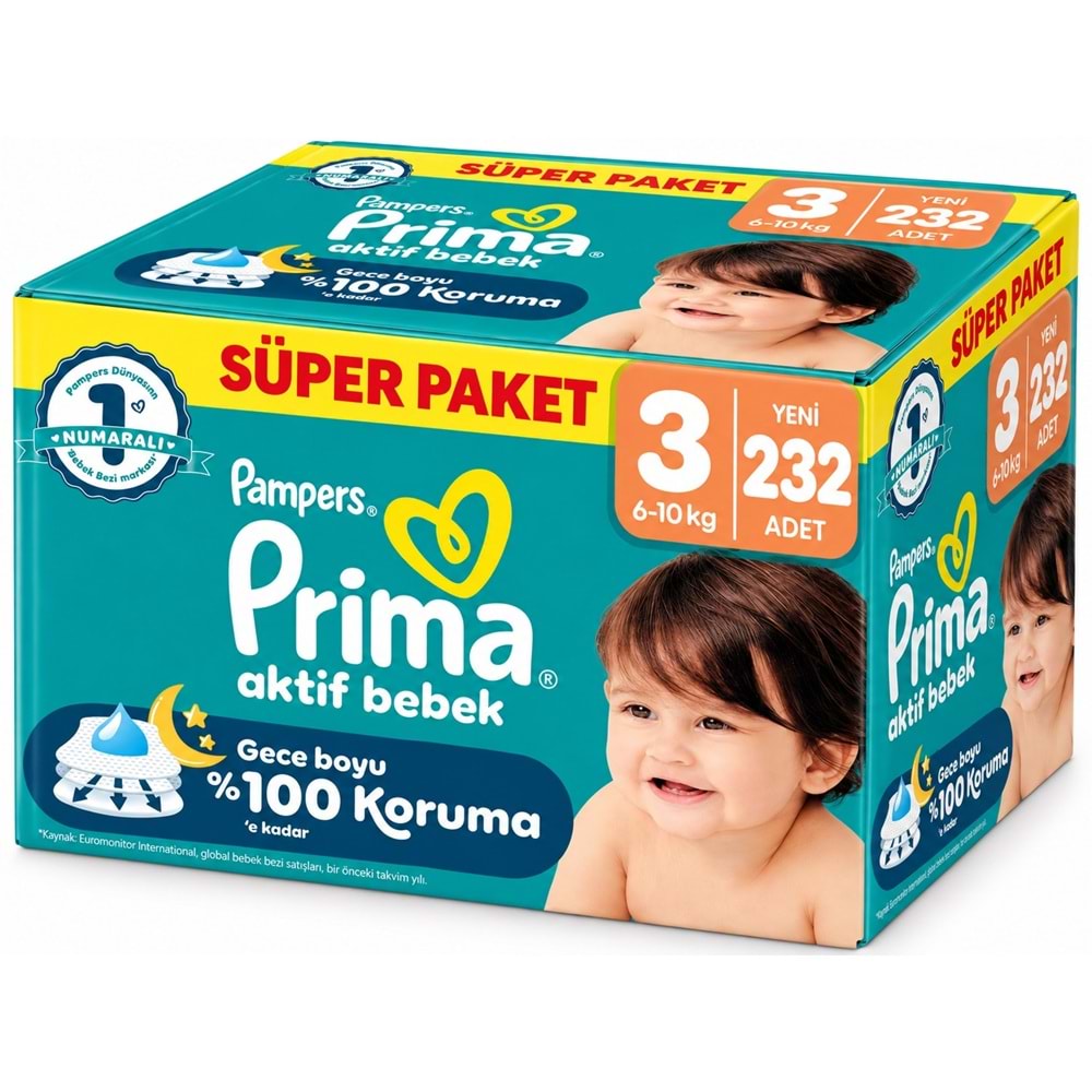 Prima Aktif Bebek Bebek Bezi 3 Beden 6-10 KG Midi 232 Adet Süper Aylık Pk