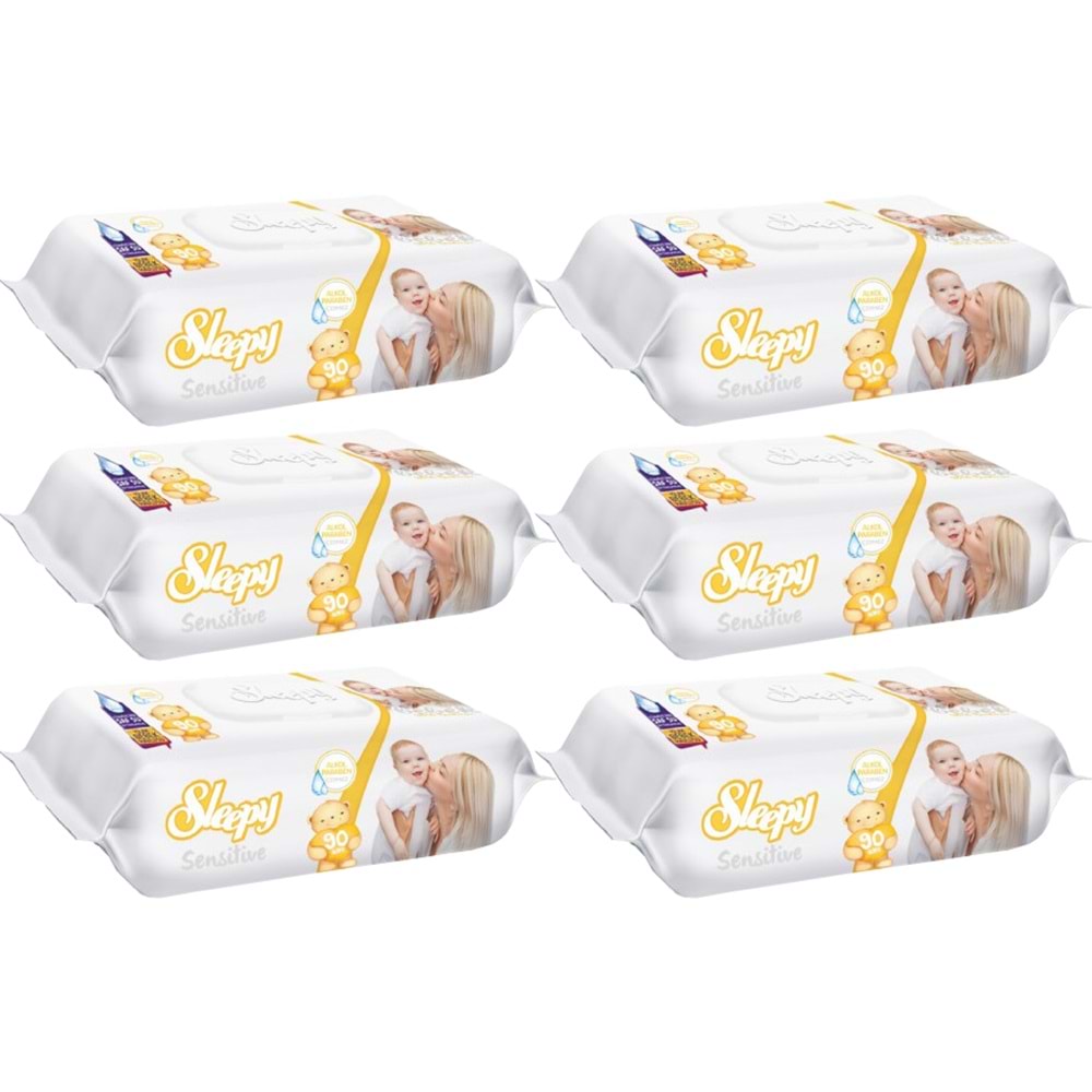 Sleepy Islak Havlu Mendil 90 Yaprak Sensitive 6 Lı Set Plastik Kapaklı