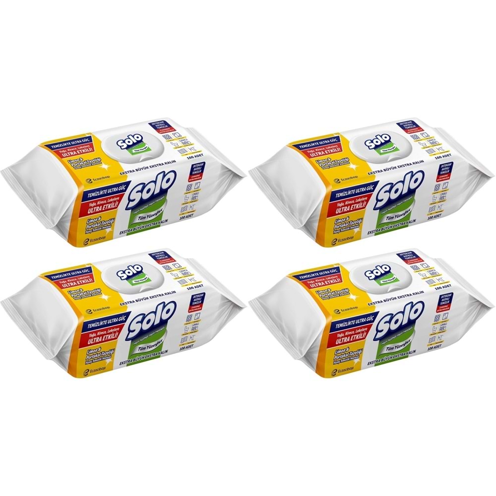 Solo Yüzey Temizlik Havlusu - Mendili 100 Yaprak Limon & Portakal Tazeliği (4 Lü Set) 400 Yaprak