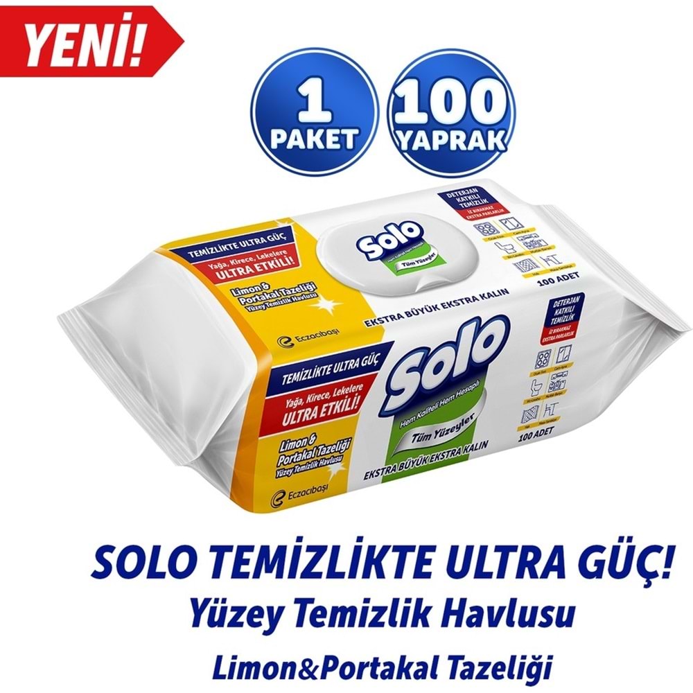 Solo Yüzey Temizlik Havlusu - Mendili 100 Yaprak Limon & Portakal Tazeliği (4 Lü Set) 400 Yaprak