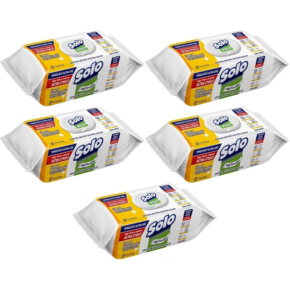 Solo Yüzey Temizlik Havlusu - Mendili 100 Yaprak Limon & Portakal Tazeliği (5 Li Set) 500 Yaprak