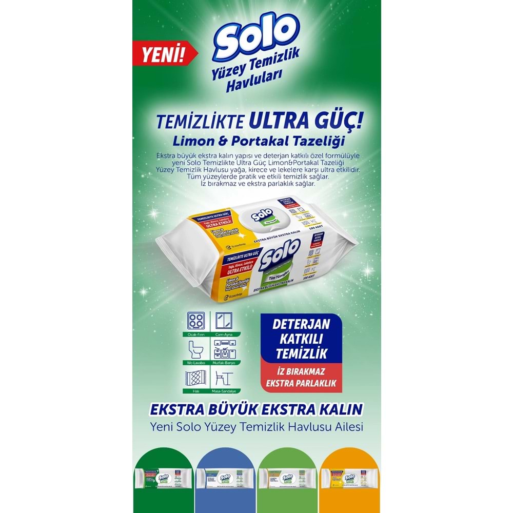 Solo Yüzey Temizlik Havlusu - Mendili 100 Yaprak Limon & Portakal Tazeliği (9 Lu Set) 900 Yaprak
