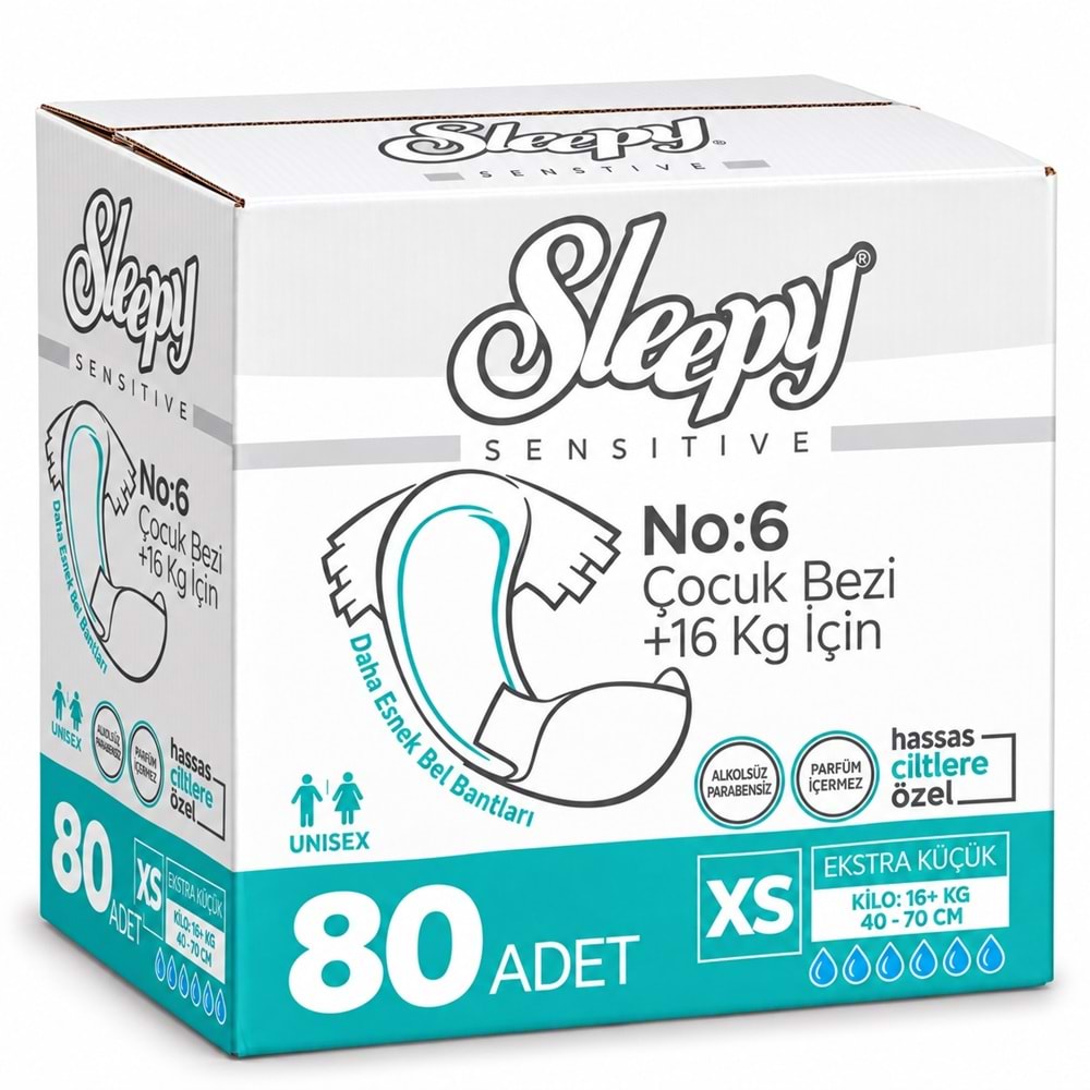 Sleepy Çocuk Bezi Bel Bantlı XS - Extra Küçük - Ekstra Küçük 80 Adet (16+ KG Bel Ölçüsü 40-70 CM)