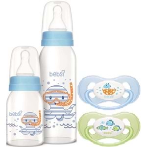 Bebsi Cam Biberon Seti Mavi (250ML+125ML)+Emzik Ortodontik Damaklı Kelebek No:1 (2 Li PK) 4 Lü Set