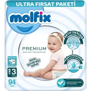 Molfix Premium Bebek Bezi 3 Beden 4-9 KG Midi 188 Adet Ultra Fırsat Pk + 3 Adet Islak Mendil