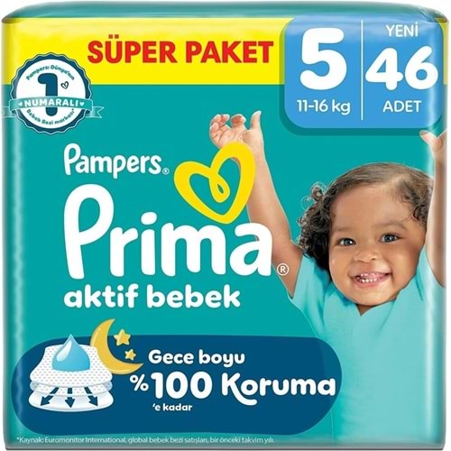 Prima Aktif Bebek Bebek Bezi 5 Beden 11-16 KG Junior 46 Adet Süper Pk