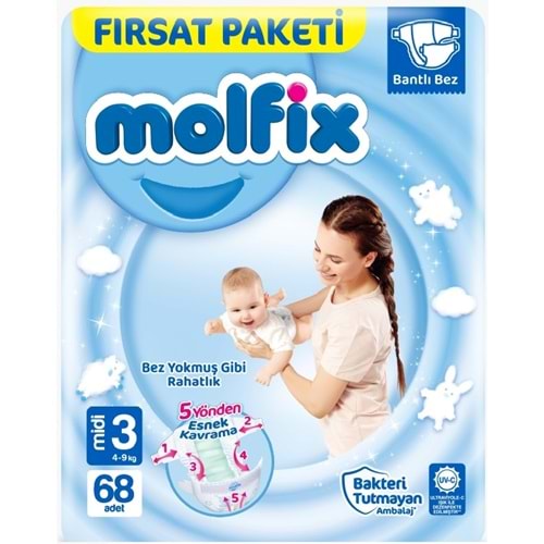 Molfix Bebek Bezi 3 Beden 4-9 KG Midi 68 Adet Fırsat Pk