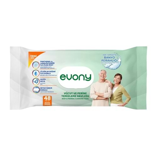 Evony Yetişkin Vücut Perine Temizleme Islak Mendil Havlu 48 Yaprak XL Banyo Ferahlığı Tekli Pk