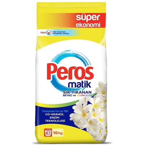 Peros Matik Toz Çamaşır Deterjanı 10KG Yasemin Çiçeği (Sık Yıkananlar Beyaz ve Renkliler) 67 Yıkama