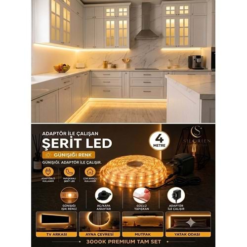 Silorien 4 Metre Günışığı Şerit LED Mutfak Dolabı Tezgah Üstü Adaptörlü Aç Kapa Düğmeli Tak Çalıştır