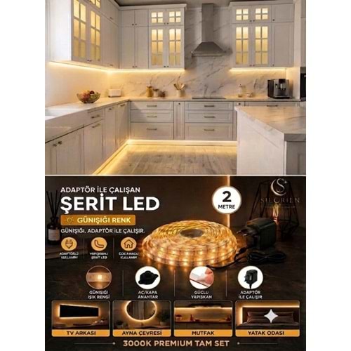 Silorien 2 Metre Günışığı Şerit LED Mutfak Dolabı Tezgah Üstü Adaptörlü Aç Kapa Düğmeli Tak Çalıştır