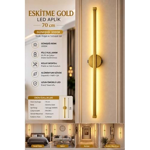 MANDAŞ Eskitme Gold Gün Işığı 70 CM Led Duvar Aplik 1 Adet Pilli Kablosuz Kullanım Tak-Çalıştır