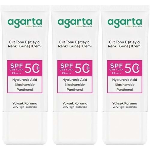 Agarta Cilt Tonu Eşitleyici Renkli Kapatıcı Etkili Spf+50 Faktör Güneş Kremi 50 ML (3 Lü Set)