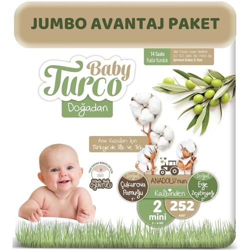 Baby Turco Bebek Bezi Doğadan 2 Beden 3-6 KG Mini 252 Adet Jumbo Avantaj Pk