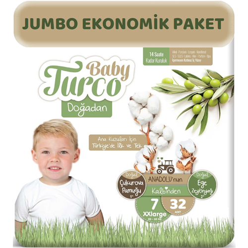 Baby Turco Bebek Bezi Doğadan Beden:7 (20-30Kg) XXLarge 32 Adet Jumbo Ekonomik Pk