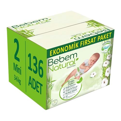 Bebem Bebek Bezi Natural 2 Beden 3-6 KG Mini 136 Adet Ekonomik Fırsat Pk