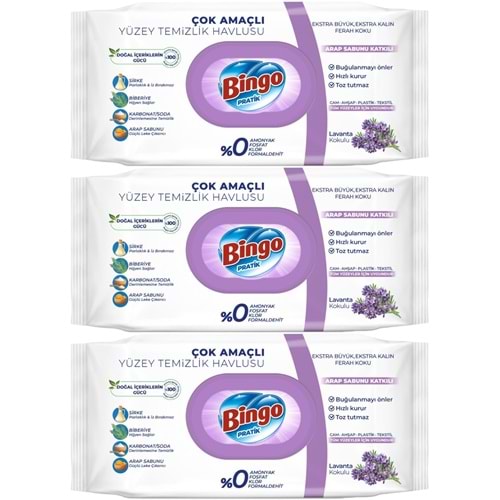 Bingo Clean Yüzey Temizlik Havlusu 96 Yaprak Lavanta Kokulu Plastik Kapaklı (3 Lü Set) 288 Yaprak