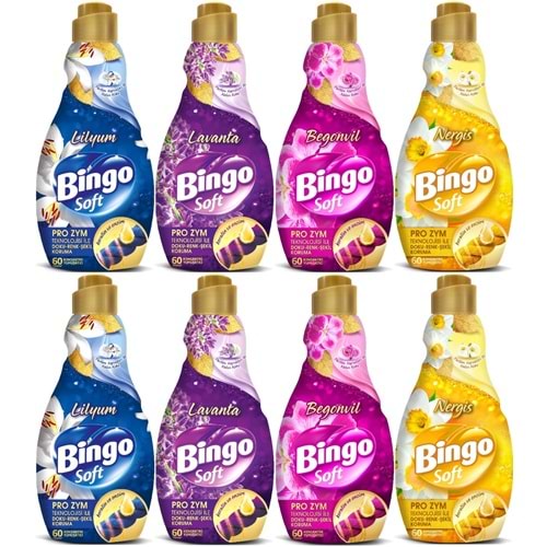 Bingo Soft Çamaşır Yumuşatıcı Konsantre 1440ML Karma 8 Li Set (Lilyum-Lavanta-Begonvil-Nergis)