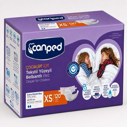 Canped Çoçuklar İçin Yetişkin Bezi Bel Bantlı Tekstil Yüzey XS - Extra Küçük - 120 Adet