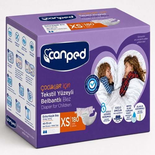 Canped Çoçuklar İçin Yetişkin Bezi Bel Bantlı Tekstil Yüzey XS - Extra Küçük - 180 Adet