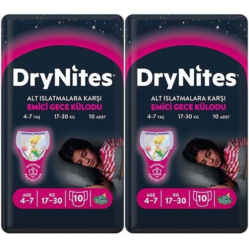 Drynites Emici Gece Külodu/Külot Bez Kız 4-7 Yaş 17-30 KG Large 20 Adet 2PK*10 Alt Islatmalara Karşı