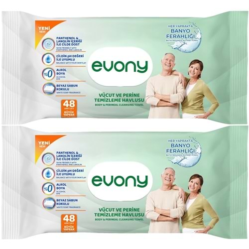 Evony Yetişkin Vücut Perine Temizleme Islak Mendil Havlu 48 Yaprak XL Banyo Ferahlığı (2 Li Set)