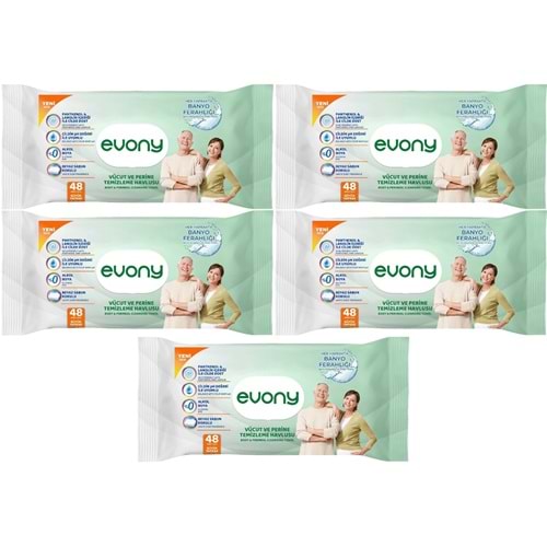 Evony Yetişkin Vücut Perine Temizleme Islak Mendil Havlu 48 Yaprak XL Banyo Ferahlığı (5 Li Set)