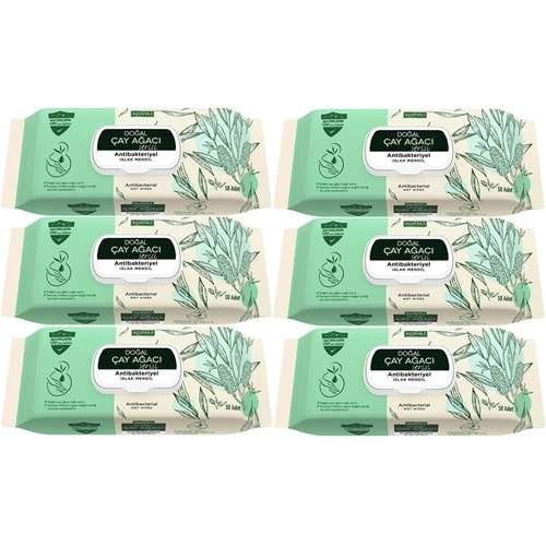 Komili Islak Havlu Mendil 50 Yaprak (6 Lı Set) Çay Ağacı Serisi Antibakteriyel (300 Yaprak)