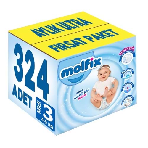 Molfix Bebek Bezi 3 Beden 4-9 KG Midi 324 Adet Aylık Ultra Fırsat Pk