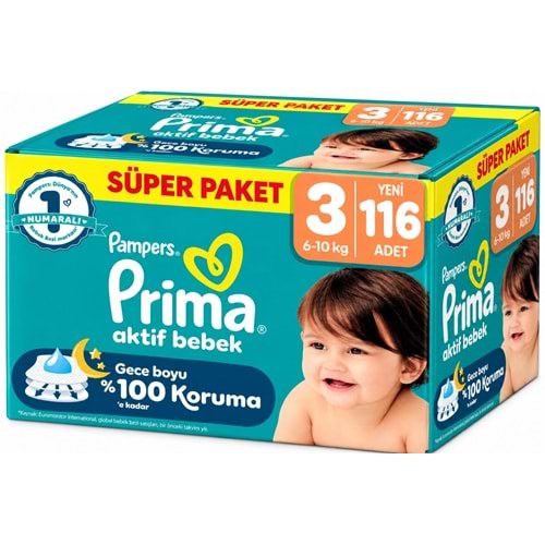 Prima Aktif Bebek Bebek Bezi 3 Beden 6-10 KG Midi 116 Adet Süper Ekonomik Pk