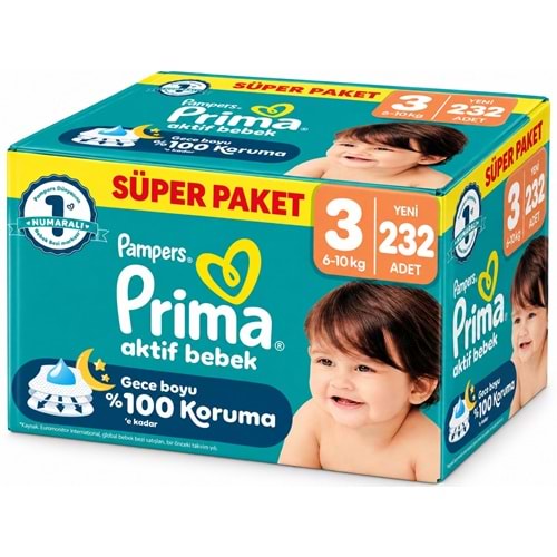 Prima Aktif Bebek Bebek Bezi 3 Beden 6-10 KG Midi 232 Adet Süper Aylık Pk