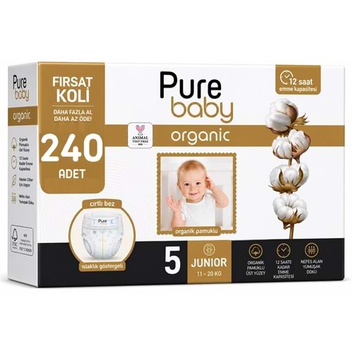 Pure Baby Organik Bebek Bezi 5 Beden 11-20 KG Junior 240 Adet Ekstra Fırsat Pk