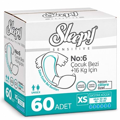 Sleepy Çocuk Bezi Bel Bantlı XS - Extra Küçük - Ekstra Küçük 60 Adet (16+ KG Bel Ölçüsü 40-70 CM)