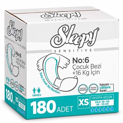 Sleepy Çocuk Bezi Bel Bantlı XS - Extra Küçük - Ekstra Küçük 180 Adet (16+ KG Bel Ölçüsü 40-70 CM)