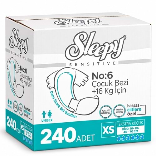 Sleepy Çocuk Bezi Bel Bantlı XS - Extra Küçük - Ekstra Küçük 240 Adet (16+ KG Bel Ölçüsü 40-70 CM)